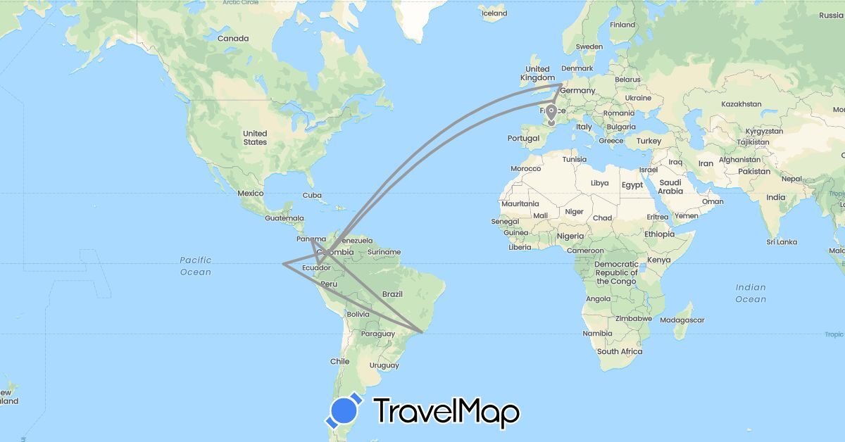 TravelMap itinerary: driving, plane in Brazil, Colombia, Ecuador, France, Netherlands, Panama (Europe, North America, South America)